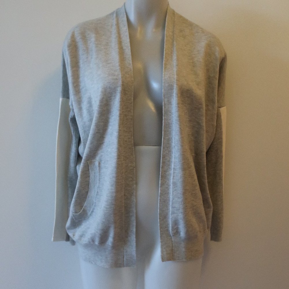 *Womens Mason Gray White Lambskin Leather Panel Sleeve Open Knit Cardigan S
